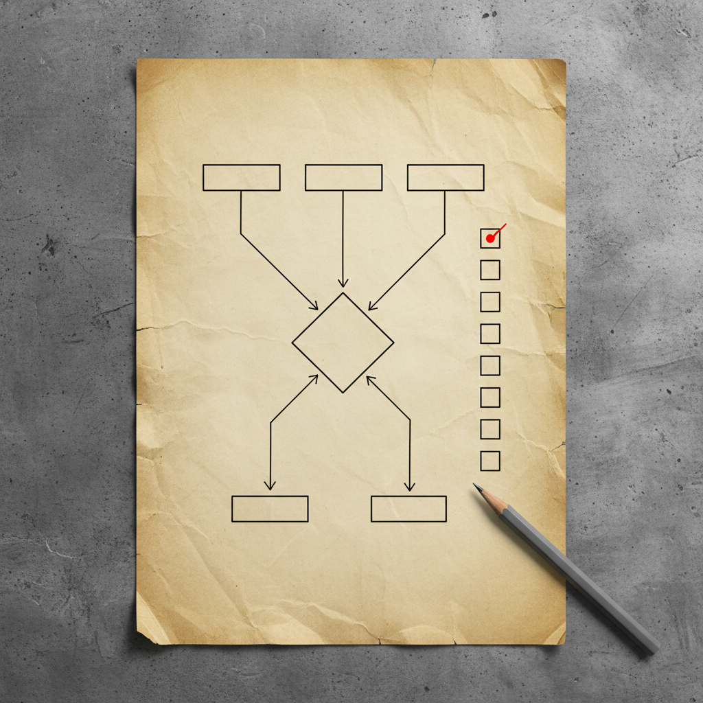 AI readiness audit Canada hand-drawn flowchart and risk-register checklist with single red marker dot on a concrete desk schematic