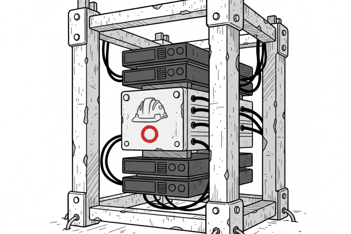 Schematic icon of a construction hard hat next to a clipboard, with a red chin strap and a single red document line.