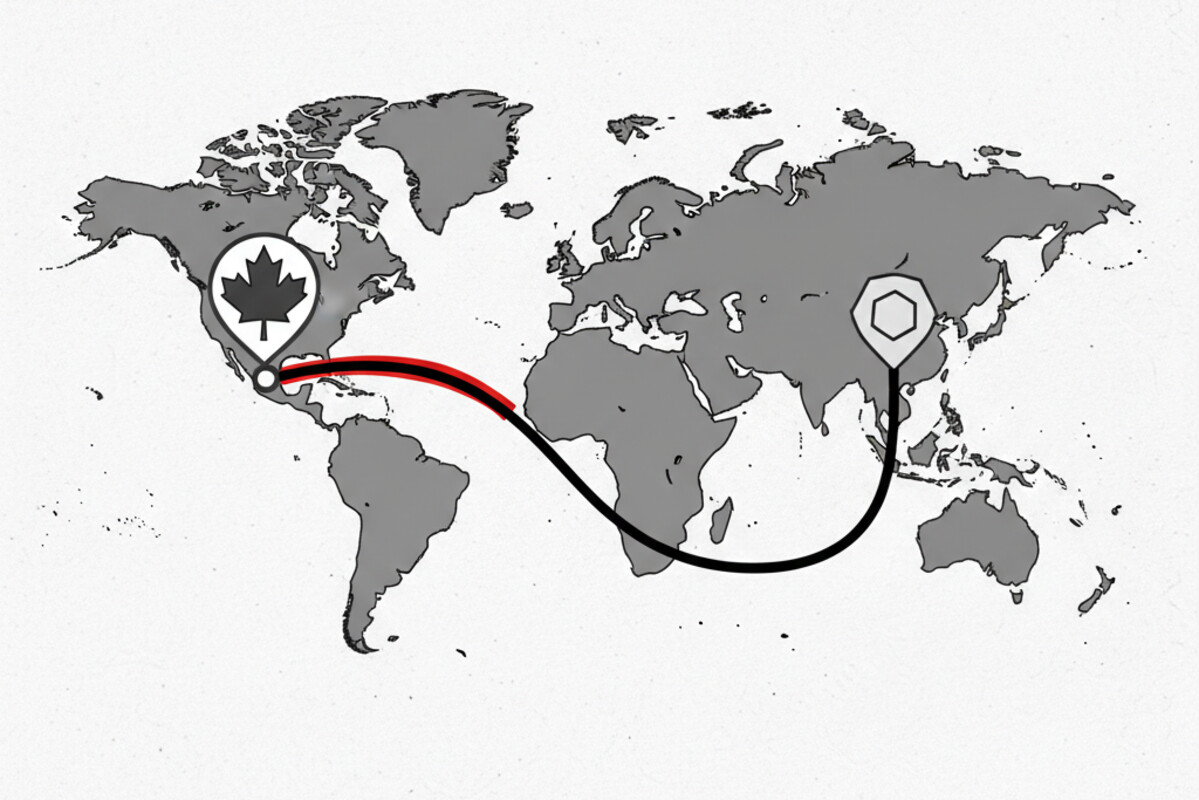 Schematic polar-projection routing diagram with one red dashed line crossing between two continent-edges.
