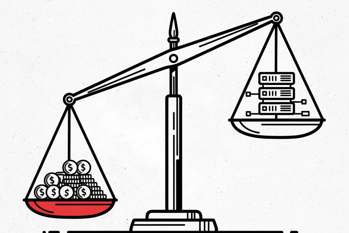 Schematic bar-chart icon with one tall black outlined bar and one short red filled bar, representing cost reduction.