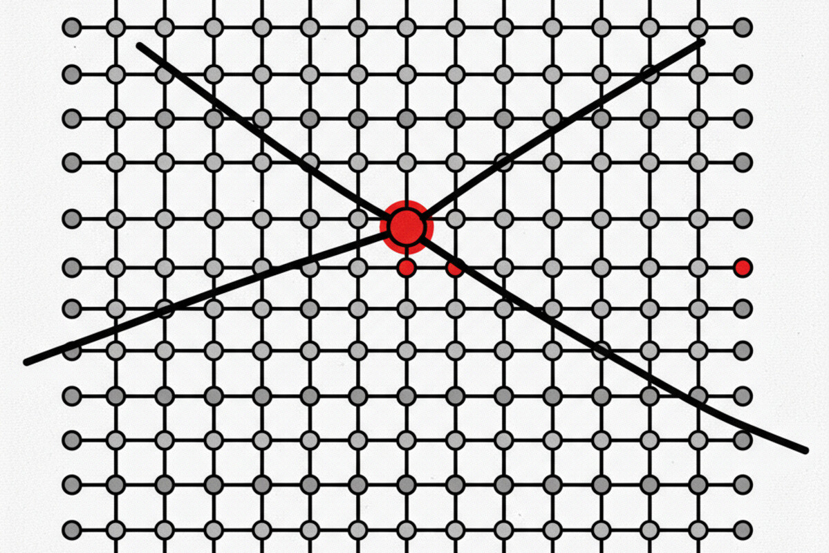 Schematic axonometric icon of a stacked index graph with a single red node at the centre indicating retrieval.