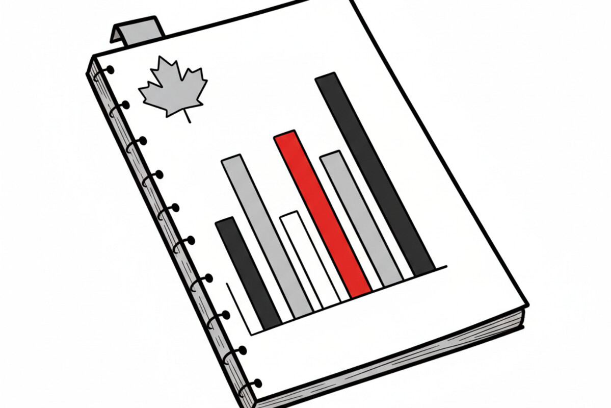 Brutalist monochrome schematic of a single bound report viewed from above, with a red ribbon bookmark and an outline maple-leaf mark on the cover.