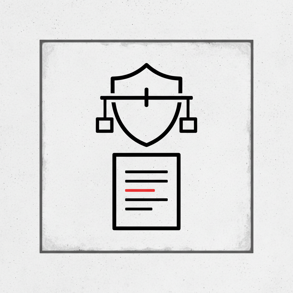 PIPEDA privacy policy brutalist monochrome seal: schematic shield, balance scale, document with three rule lines on a concrete plate.