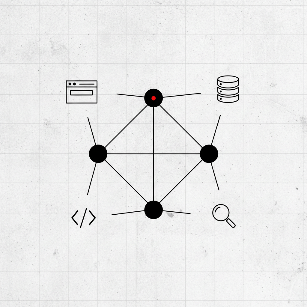 AI agent deployment Canada brutalist agent mesh dots connected by orchestration lines with browser SQL API search tool icons