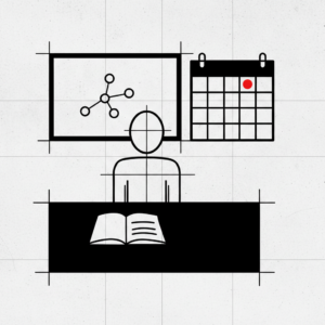 PivotToAI program brutalist outline of an operator at a desk with an open notebook a whiteboard schematic and a 90-day twelve-week calendar grid pattern