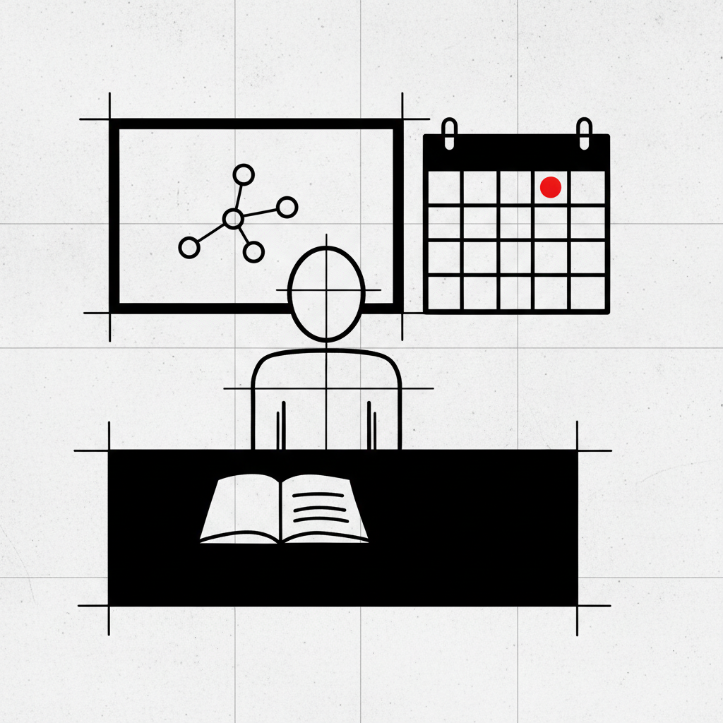 PivotToAI program brutalist outline of an operator at a desk with an open notebook a whiteboard schematic and a 90-day twelve-week calendar grid pattern