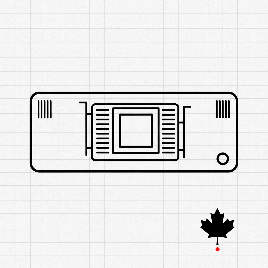 Sovereign AI Box Canada brutalist rack-unit outline H100 GPU schematic maple-leaf jurisdiction marker