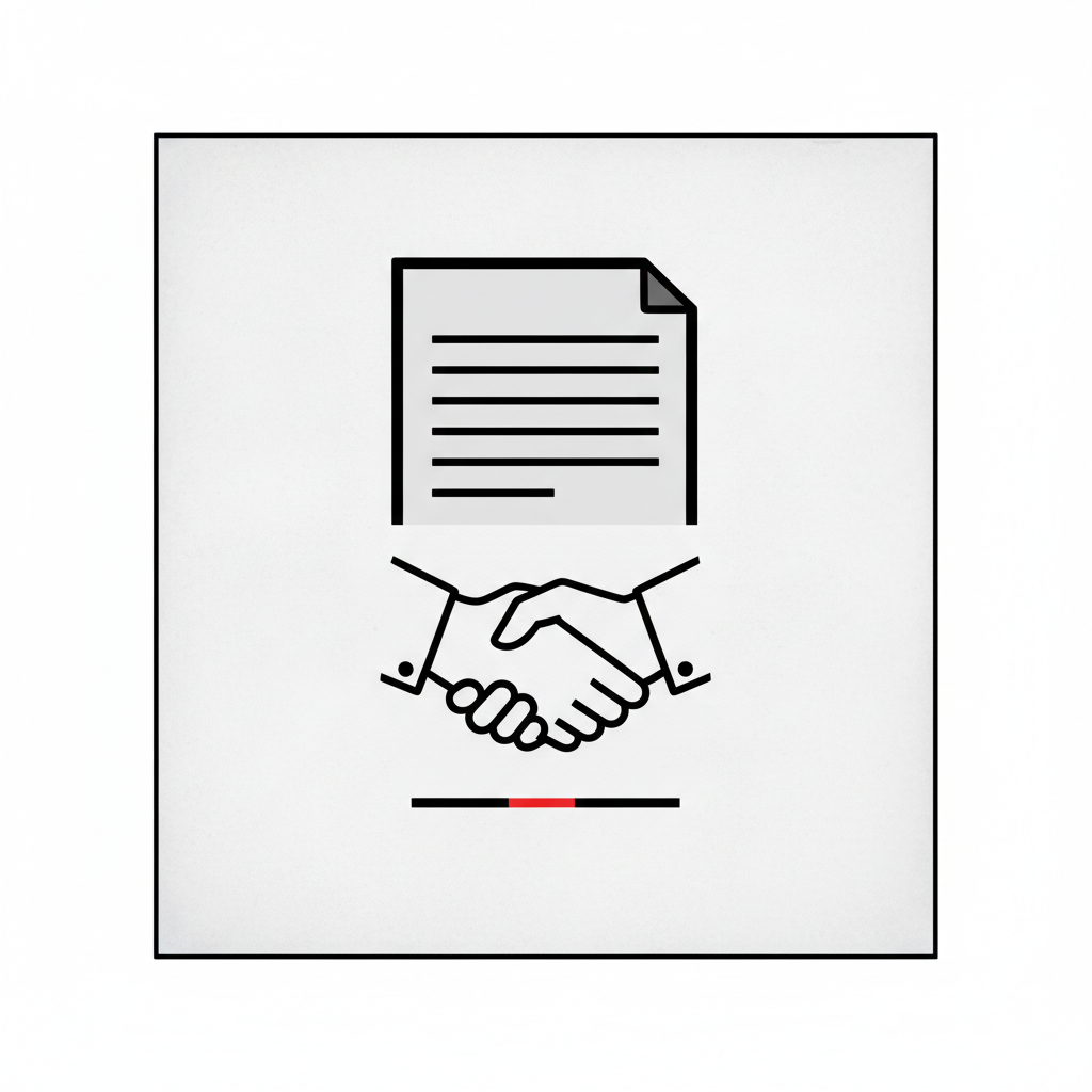 Terms of service AI consulting engagements brutalist monochrome seal: contract document, handshake, signature line on concrete plate.